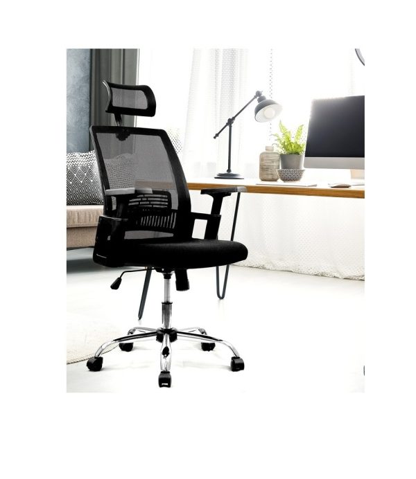 Alpha – High Back Mesh Chair with Headrest and Chrome Base – Black